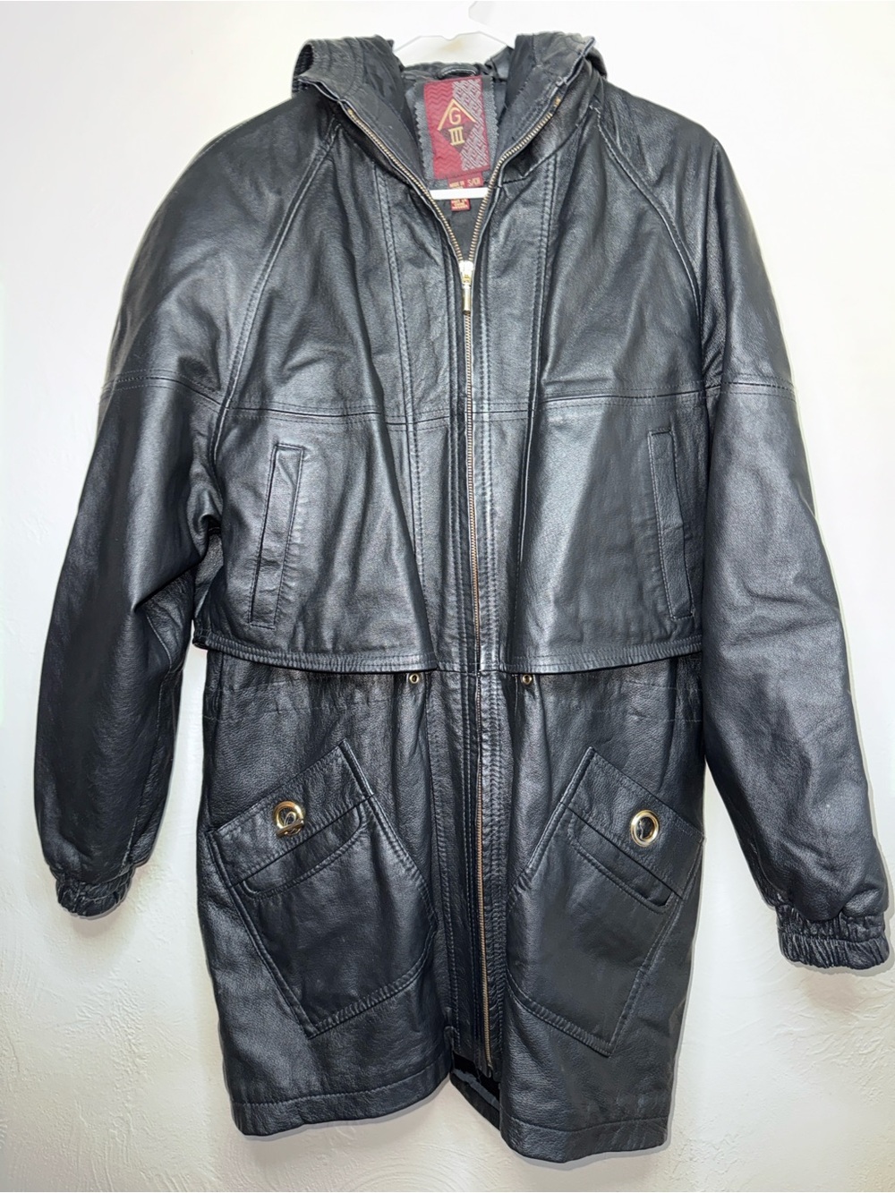Vintage Black Genuine Leather Hooded Longline Coat Jacket Size Small